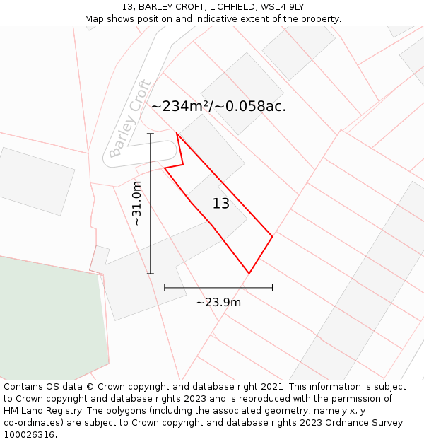 13, BARLEY CROFT, LICHFIELD, WS14 9LY: Plot and title map