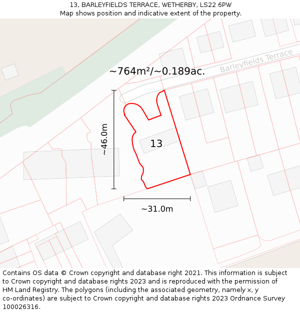 13, BARLEYFIELDS TERRACE, WETHERBY, LS22 6PW: Plot and title map