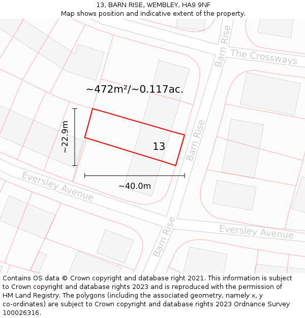 13, BARN RISE, WEMBLEY, HA9 9NF: Plot and title map