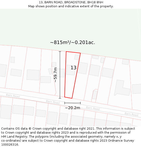 13, BARN ROAD, BROADSTONE, BH18 8NH: Plot and title map