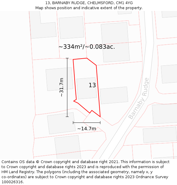 13, BARNABY RUDGE, CHELMSFORD, CM1 4YG: Plot and title map