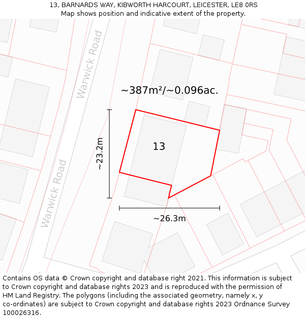 13, BARNARDS WAY, KIBWORTH HARCOURT, LEICESTER, LE8 0RS: Plot and title map
