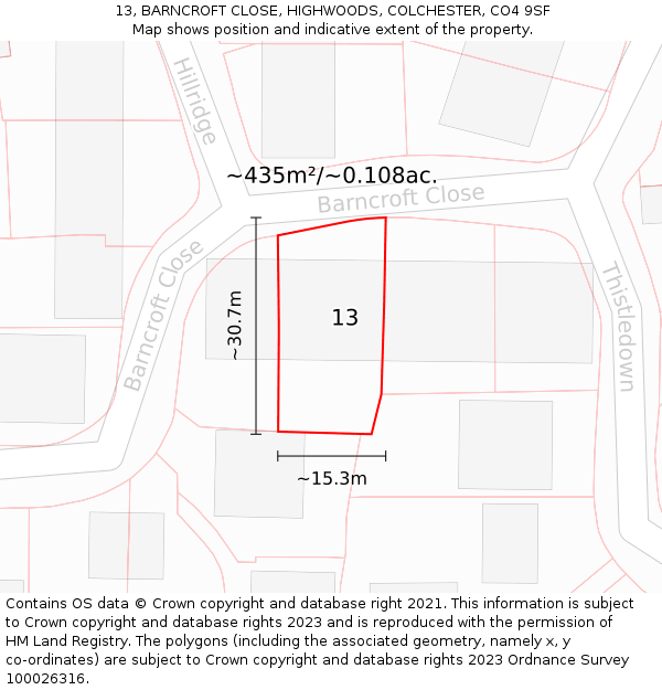 13, BARNCROFT CLOSE, HIGHWOODS, COLCHESTER, CO4 9SF: Plot and title map