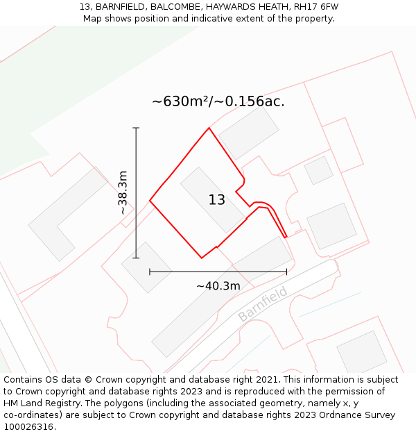 13, BARNFIELD, BALCOMBE, HAYWARDS HEATH, RH17 6FW: Plot and title map