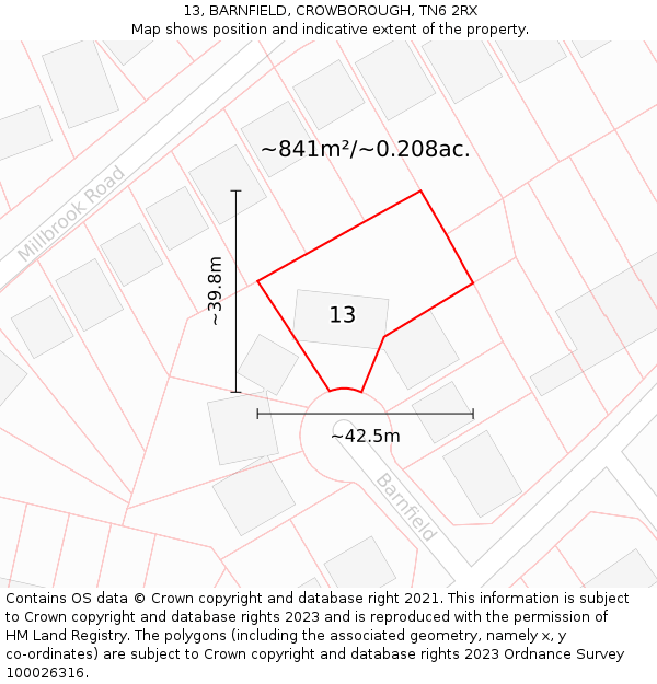 13, BARNFIELD, CROWBOROUGH, TN6 2RX: Plot and title map