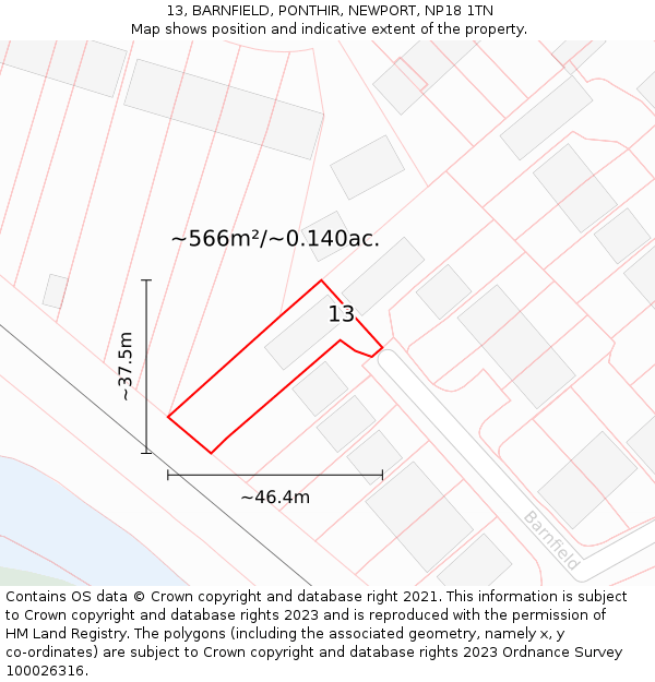 13, BARNFIELD, PONTHIR, NEWPORT, NP18 1TN: Plot and title map