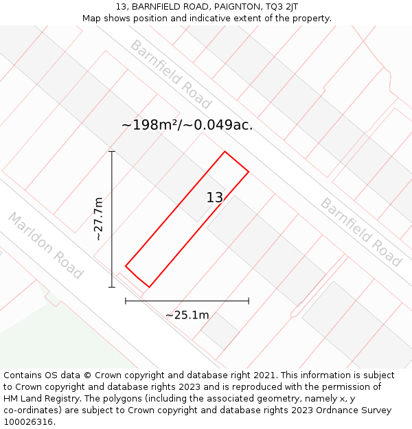 13, BARNFIELD ROAD, PAIGNTON, TQ3 2JT: Plot and title map