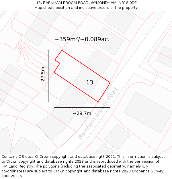13, BARNHAM BROOM ROAD, WYMONDHAM, NR18 0DF: Plot and title map