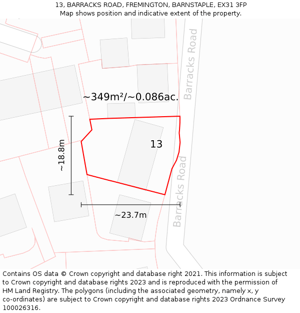 13, BARRACKS ROAD, FREMINGTON, BARNSTAPLE, EX31 3FP: Plot and title map