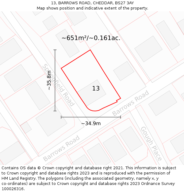 13, BARROWS ROAD, CHEDDAR, BS27 3AY: Plot and title map