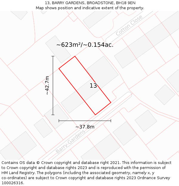 13, BARRY GARDENS, BROADSTONE, BH18 9EN: Plot and title map