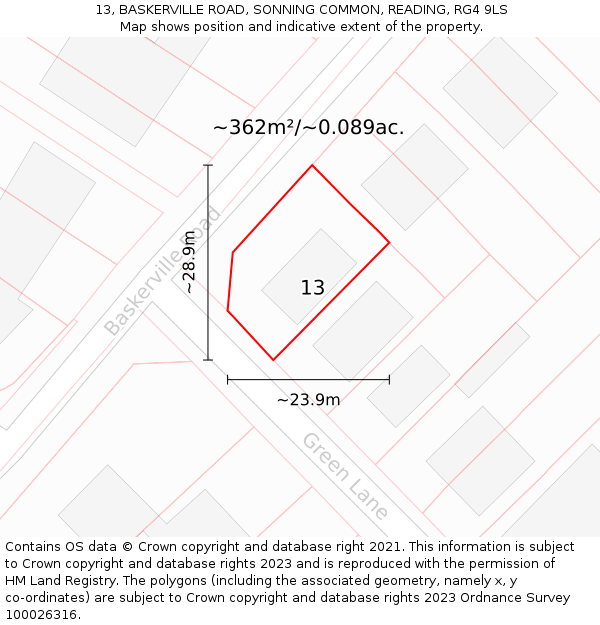 13, BASKERVILLE ROAD, SONNING COMMON, READING, RG4 9LS: Plot and title map
