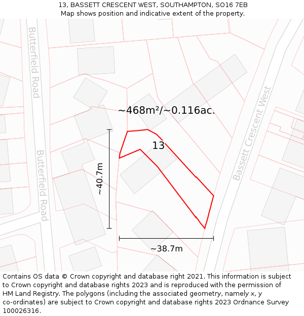 13, BASSETT CRESCENT WEST, SOUTHAMPTON, SO16 7EB: Plot and title map