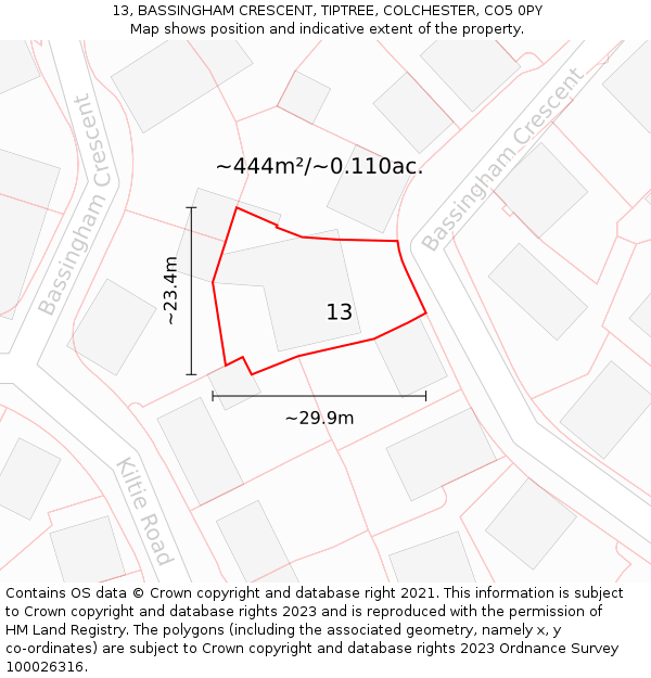13, BASSINGHAM CRESCENT, TIPTREE, COLCHESTER, CO5 0PY: Plot and title map