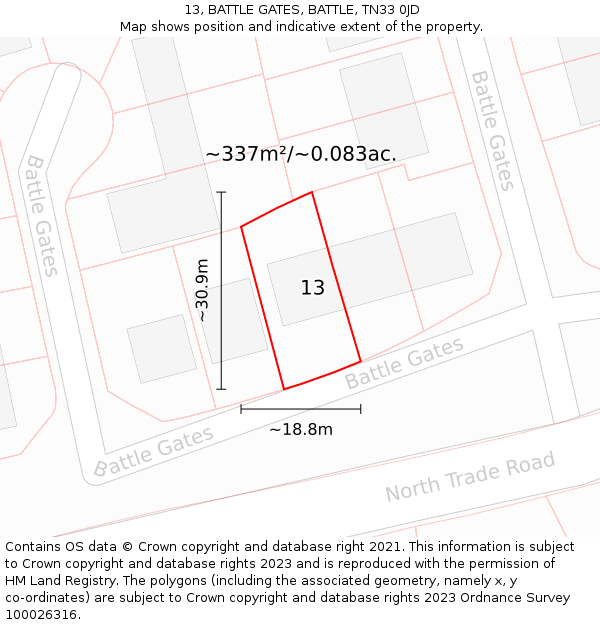 13, BATTLE GATES, BATTLE, TN33 0JD: Plot and title map