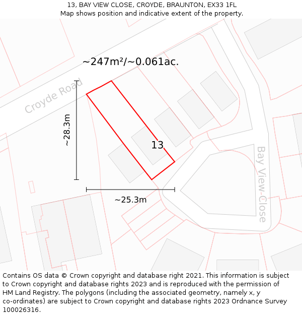 13, BAY VIEW CLOSE, CROYDE, BRAUNTON, EX33 1FL: Plot and title map