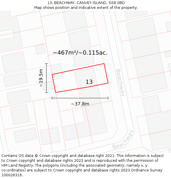 13, BEACHWAY, CANVEY ISLAND, SS8 0BD: Plot and title map