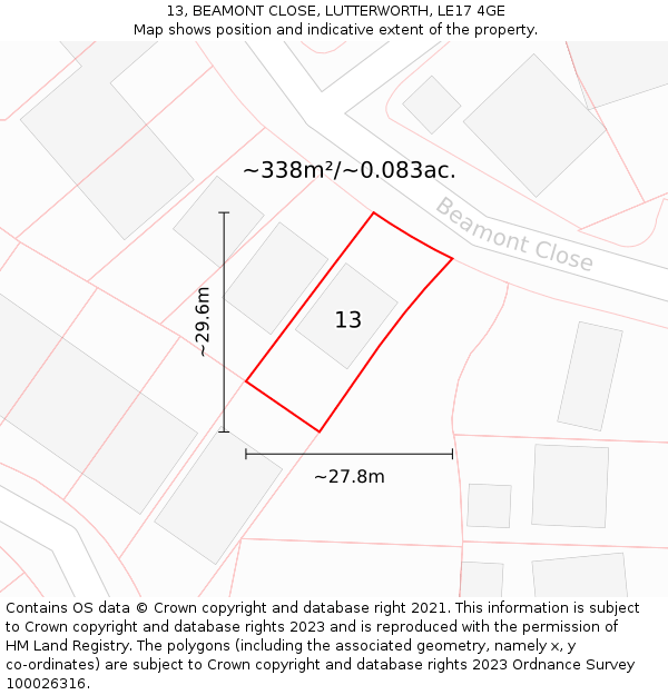 13, BEAMONT CLOSE, LUTTERWORTH, LE17 4GE: Plot and title map