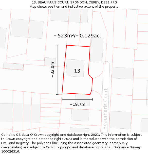 13, BEAUMARIS COURT, SPONDON, DERBY, DE21 7RG: Plot and title map