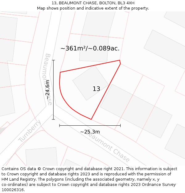 13, BEAUMONT CHASE, BOLTON, BL3 4XH: Plot and title map
