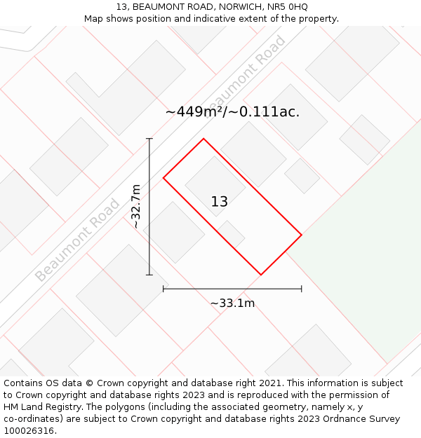 13, BEAUMONT ROAD, NORWICH, NR5 0HQ: Plot and title map
