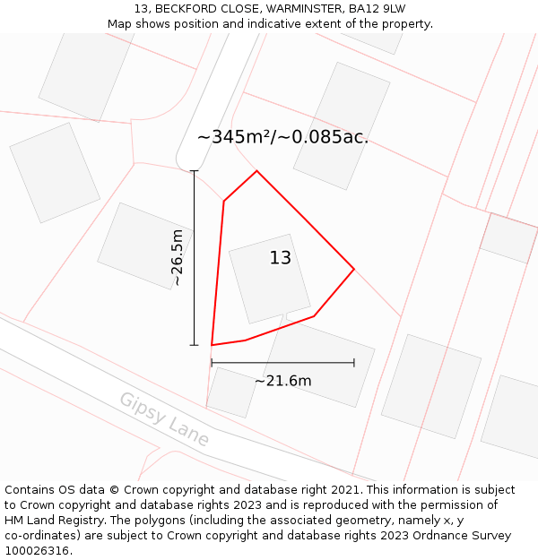 13, BECKFORD CLOSE, WARMINSTER, BA12 9LW: Plot and title map