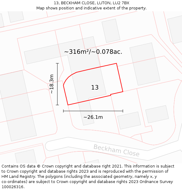 13, BECKHAM CLOSE, LUTON, LU2 7BX: Plot and title map