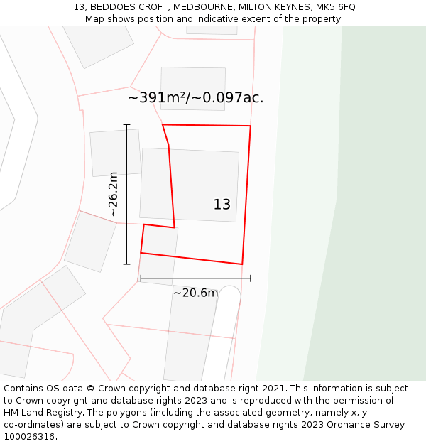13, BEDDOES CROFT, MEDBOURNE, MILTON KEYNES, MK5 6FQ: Plot and title map