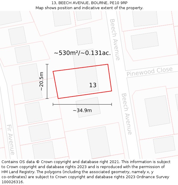 13, BEECH AVENUE, BOURNE, PE10 9RP: Plot and title map