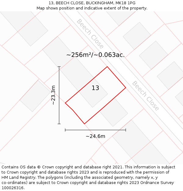 13, BEECH CLOSE, BUCKINGHAM, MK18 1PG: Plot and title map