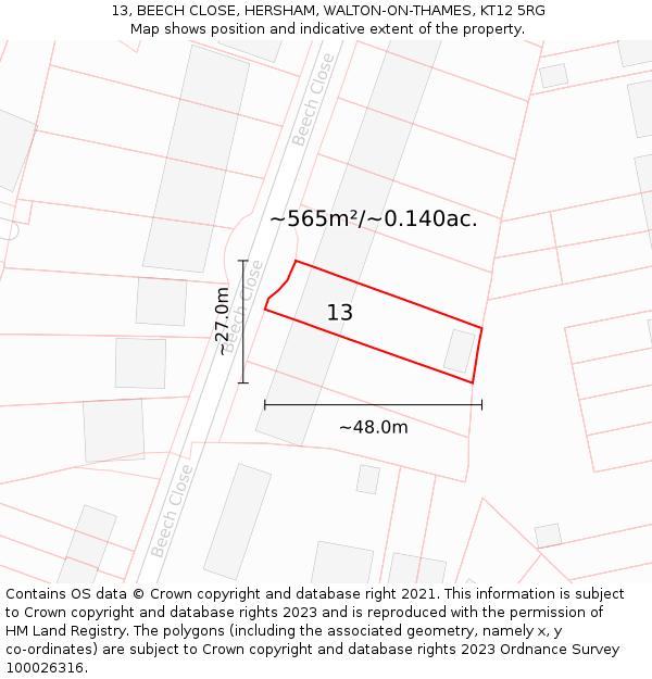 13, BEECH CLOSE, HERSHAM, WALTON-ON-THAMES, KT12 5RG: Plot and title map