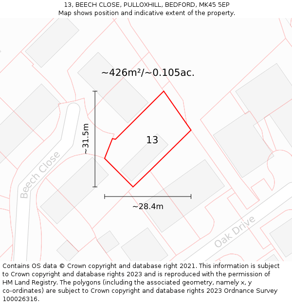 13, BEECH CLOSE, PULLOXHILL, BEDFORD, MK45 5EP: Plot and title map