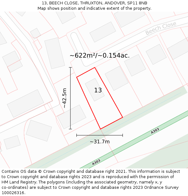 13, BEECH CLOSE, THRUXTON, ANDOVER, SP11 8NB: Plot and title map