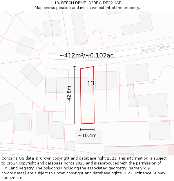 13, BEECH DRIVE, DERBY, DE22 1AT: Plot and title map