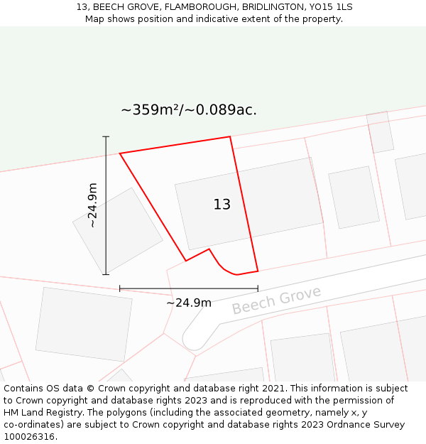 13, BEECH GROVE, FLAMBOROUGH, BRIDLINGTON, YO15 1LS: Plot and title map