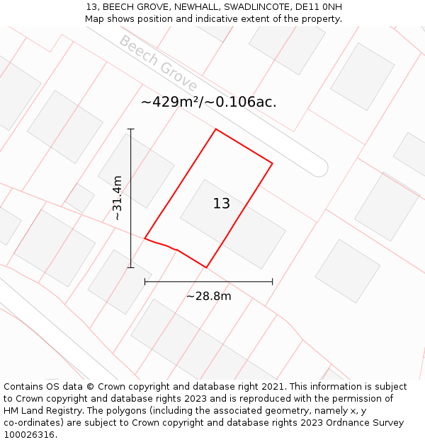 13, BEECH GROVE, NEWHALL, SWADLINCOTE, DE11 0NH: Plot and title map