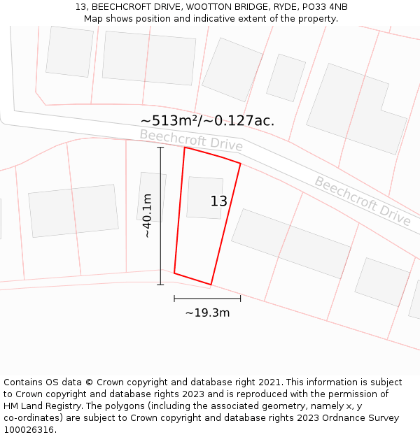 13, BEECHCROFT DRIVE, WOOTTON BRIDGE, RYDE, PO33 4NB: Plot and title map