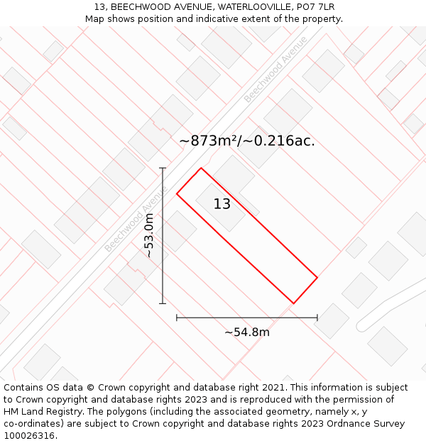 13, BEECHWOOD AVENUE, WATERLOOVILLE, PO7 7LR: Plot and title map