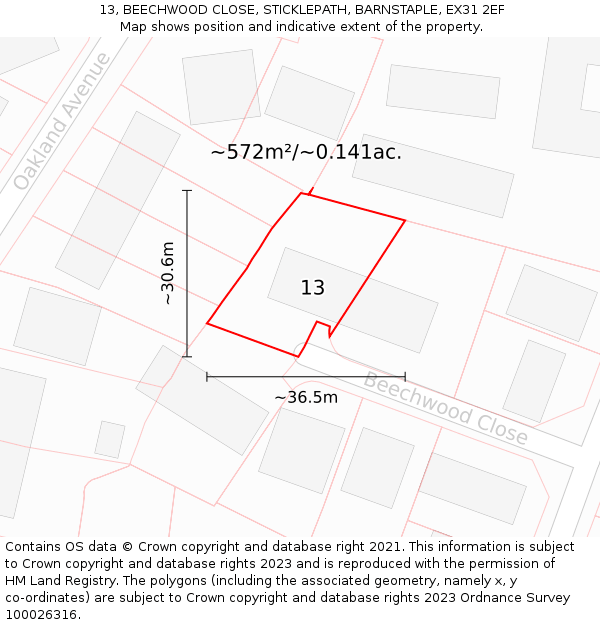 13, BEECHWOOD CLOSE, STICKLEPATH, BARNSTAPLE, EX31 2EF: Plot and title map