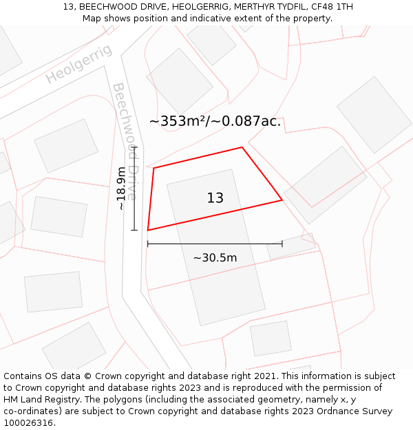 13, BEECHWOOD DRIVE, HEOLGERRIG, MERTHYR TYDFIL, CF48 1TH: Plot and title map