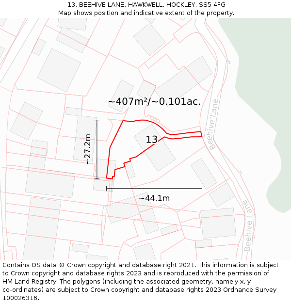 13, BEEHIVE LANE, HAWKWELL, HOCKLEY, SS5 4FG: Plot and title map