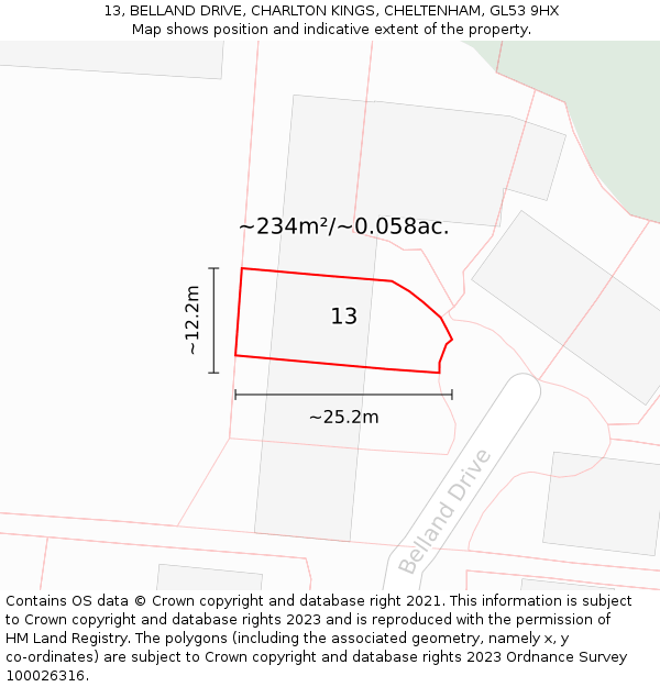 13, BELLAND DRIVE, CHARLTON KINGS, CHELTENHAM, GL53 9HX: Plot and title map
