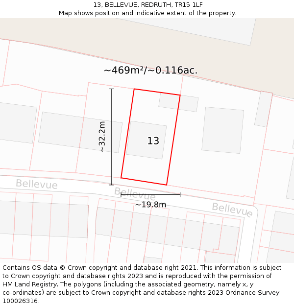 13, BELLEVUE, REDRUTH, TR15 1LF: Plot and title map