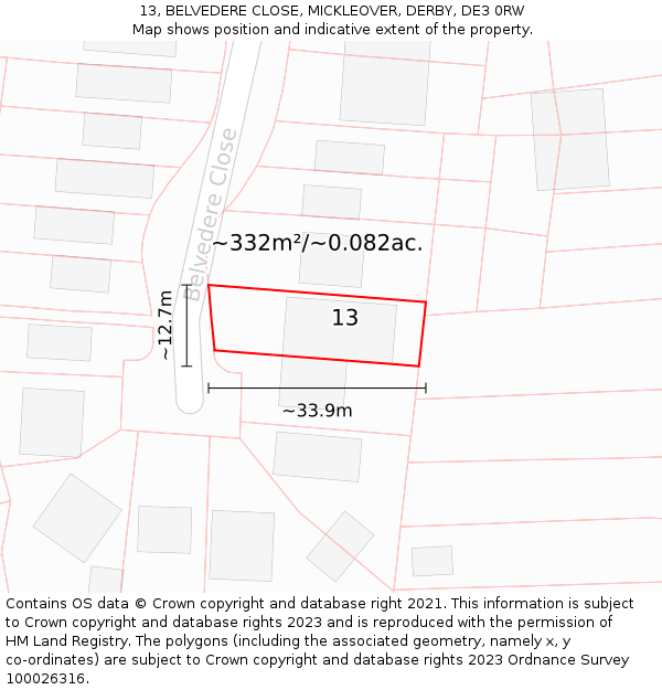 13, BELVEDERE CLOSE, MICKLEOVER, DERBY, DE3 0RW: Plot and title map