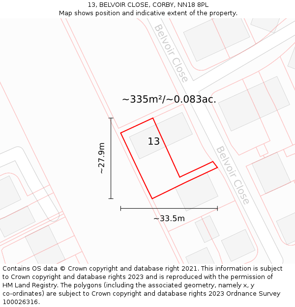 13, BELVOIR CLOSE, CORBY, NN18 8PL: Plot and title map