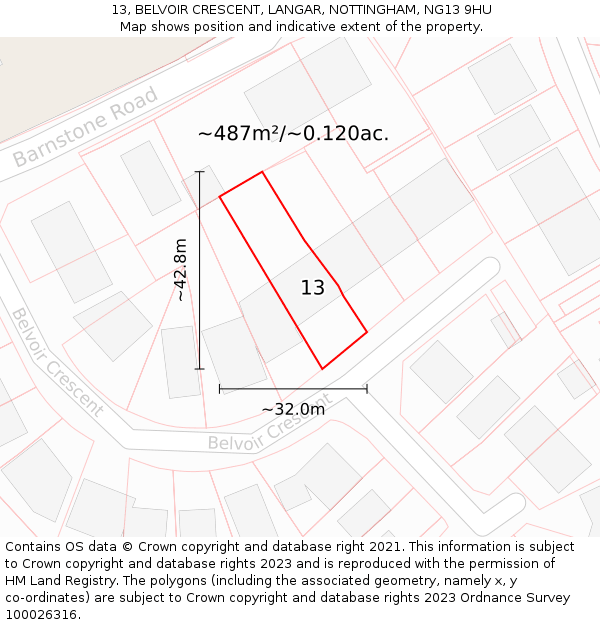 13, BELVOIR CRESCENT, LANGAR, NOTTINGHAM, NG13 9HU: Plot and title map