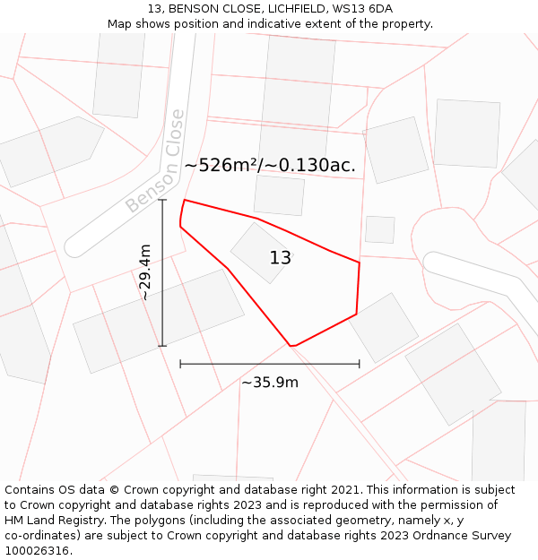 13, BENSON CLOSE, LICHFIELD, WS13 6DA: Plot and title map