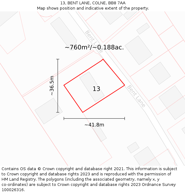 13, BENT LANE, COLNE, BB8 7AA: Plot and title map
