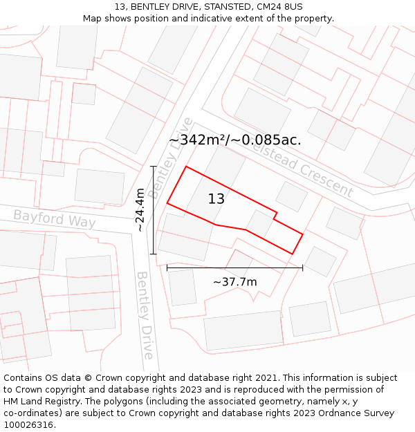 13, BENTLEY DRIVE, STANSTED, CM24 8US: Plot and title map