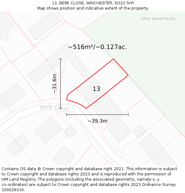 13, BERE CLOSE, WINCHESTER, SO22 5HY: Plot and title map